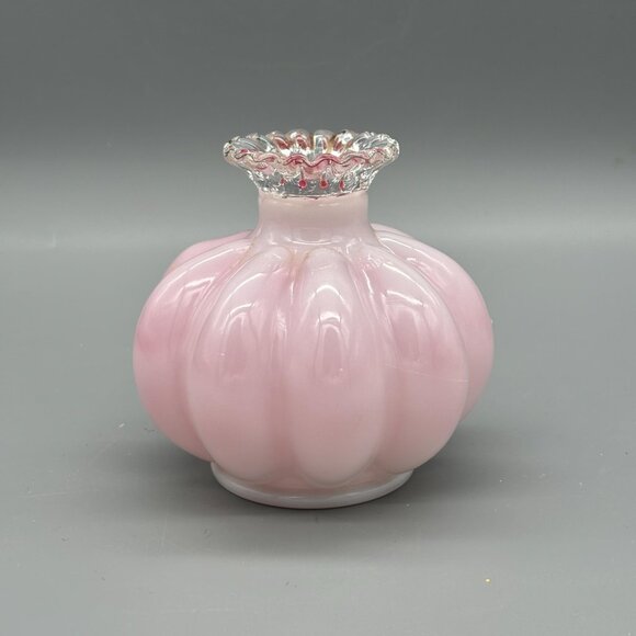 Fenton 1940's Silver Crest Ruffled Pink Glass Melon Perfume Bottle Vase Set of 2 - Picture 7 of 8